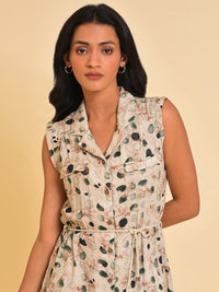W Beige Abstract Printed Pure Cotton Shirt Style Dress