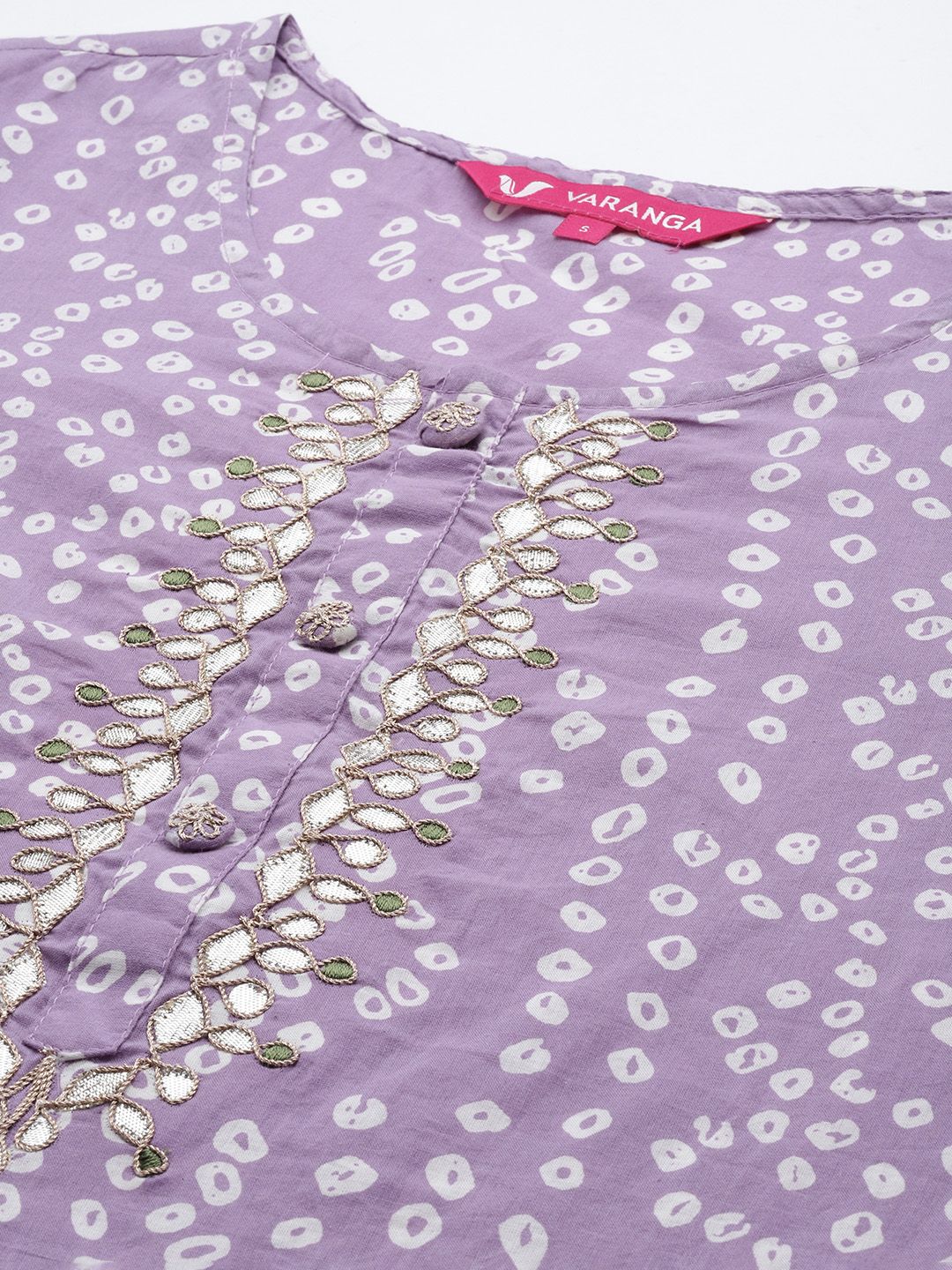 Varanga Women Lavender & White Bandhani Printed Gotta Patti Cotton Straight Kurta