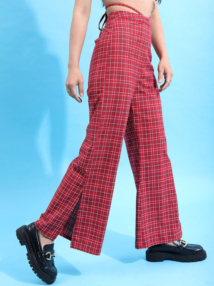 Tokyo Talkies Women Maroon Checked Flared Trousers