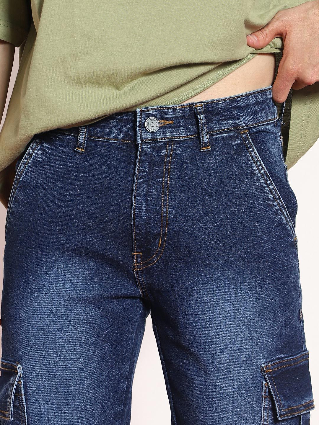 Urbano Fashion Men Dark Blue Regular Fit Washed Cargo Jeans With 6 Pockets Stretchable