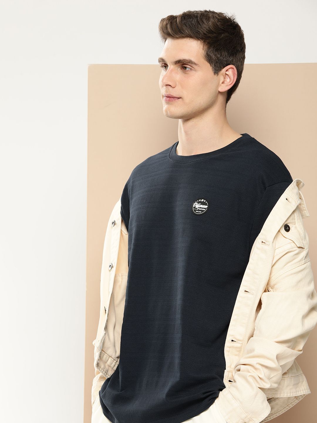 Difference of Opinion Men Navy Blue Pure Cotton Drop-Shoulder Oversized Fit T-shirt