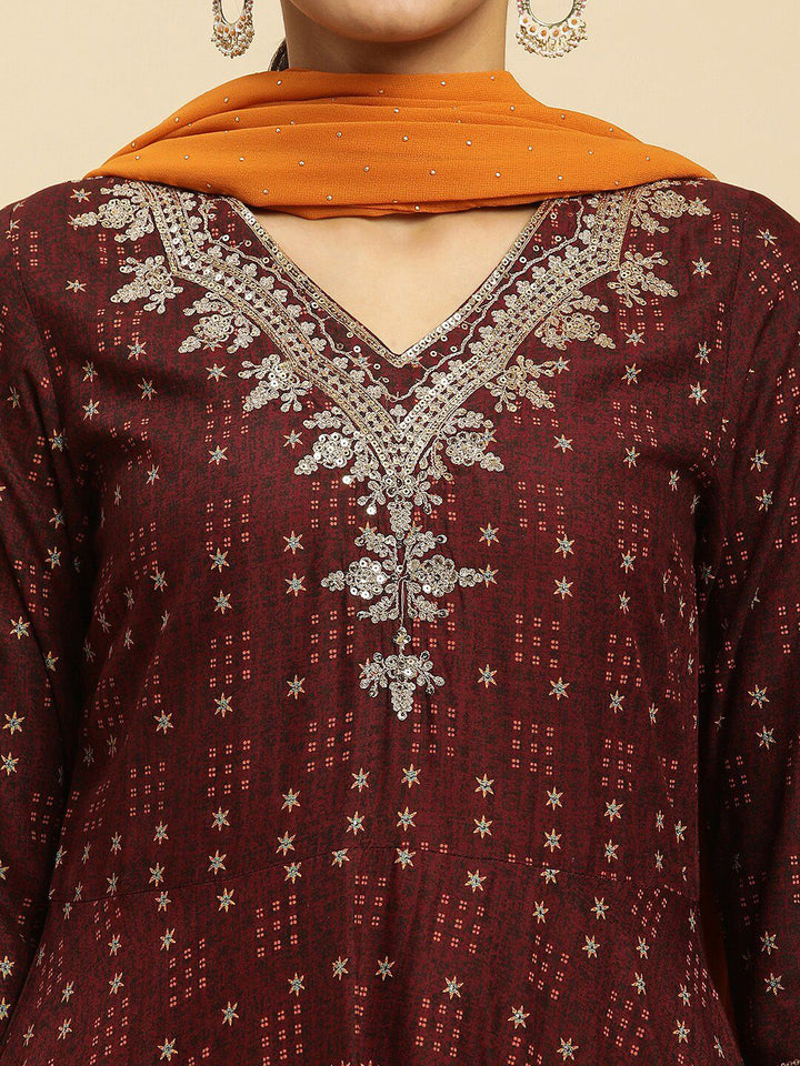 W Brown Ethnic Motifs Printed Thread Work Detailed A-Line Kurta & Trousers With Dupatta