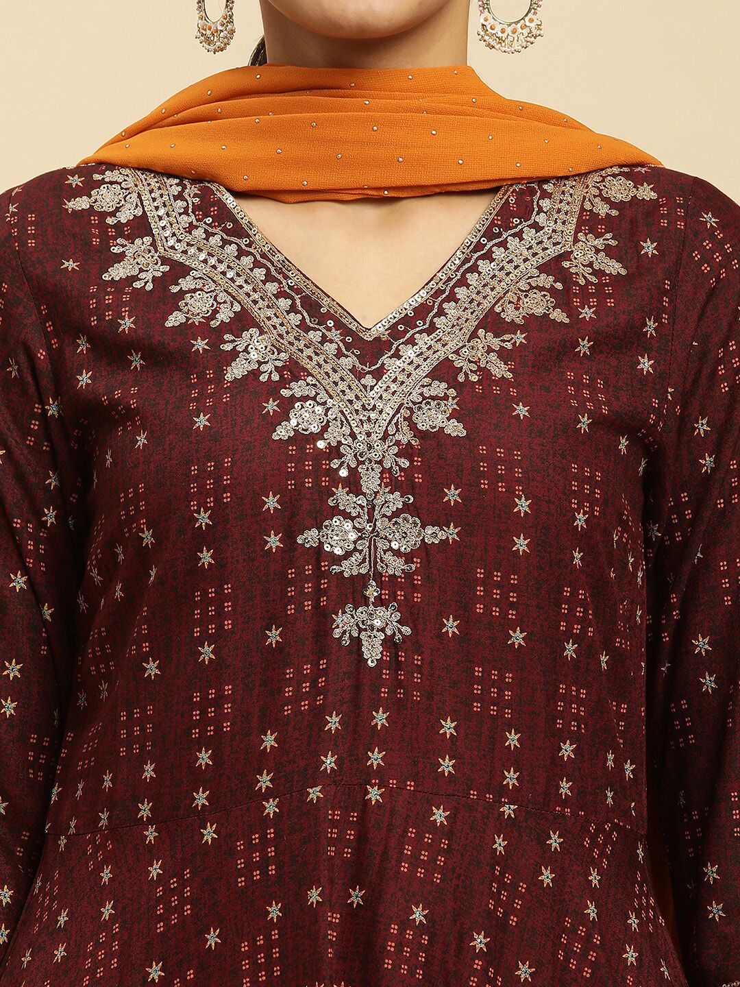 W Brown Ethnic Motifs Printed Thread Work Detailed A-Line Kurta & Trousers With Dupatta