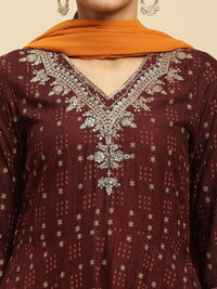 W Brown Ethnic Motifs Printed Thread Work Detailed A-Line Kurta & Trousers With Dupatta