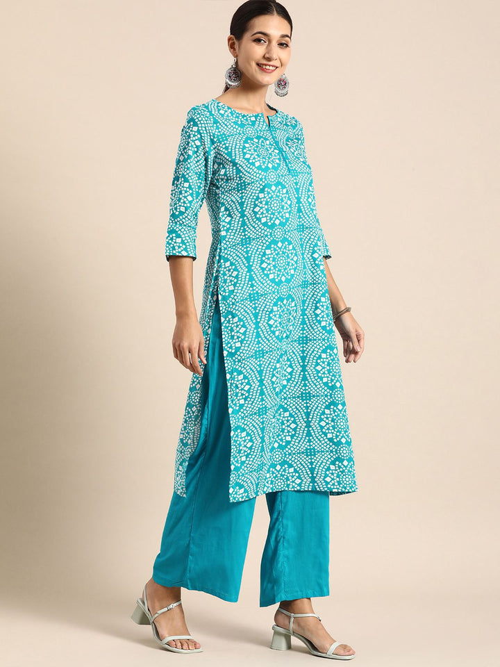 Anouk Women Blue & White Bandhani Print Pure Cotton Kurta with Palazzos