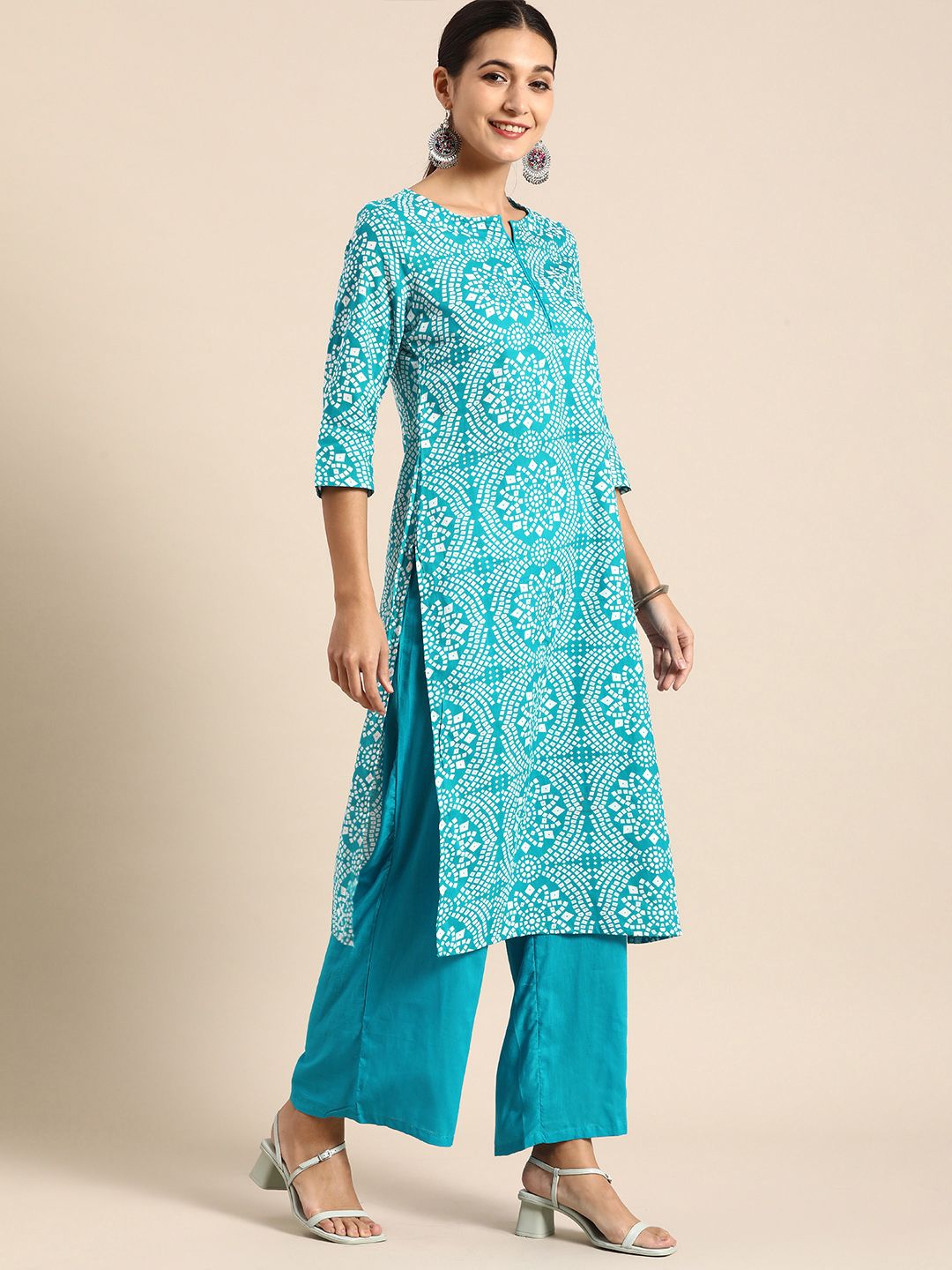 Anouk Women Blue & White Bandhani Print Pure Cotton Kurta with Palazzos