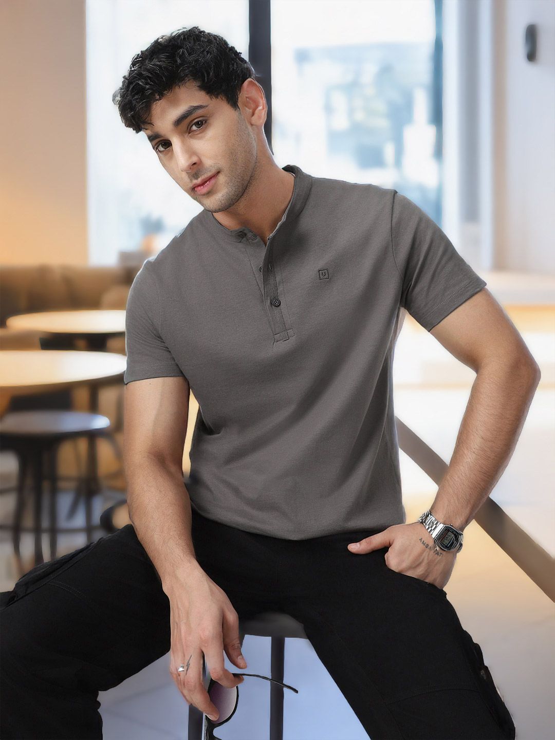 Urbano Fashion Men's Dark Grey Solid Mandarin Collar Slim Fit Half Sleeve Cotton T-Shirt