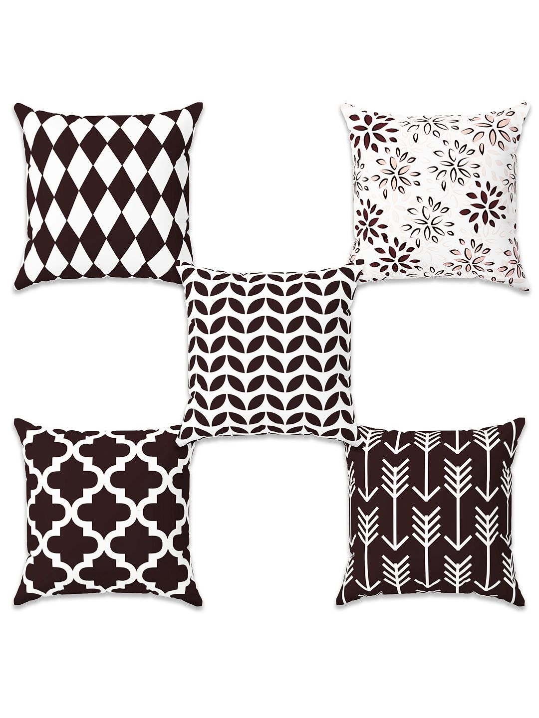 Story@home Brown & White 5 Pieces Geometric Square Cushion Covers