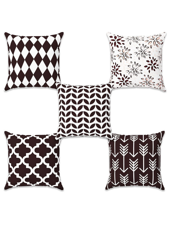 Story@home Brown & White 5 Pieces Geometric Square Cushion Covers