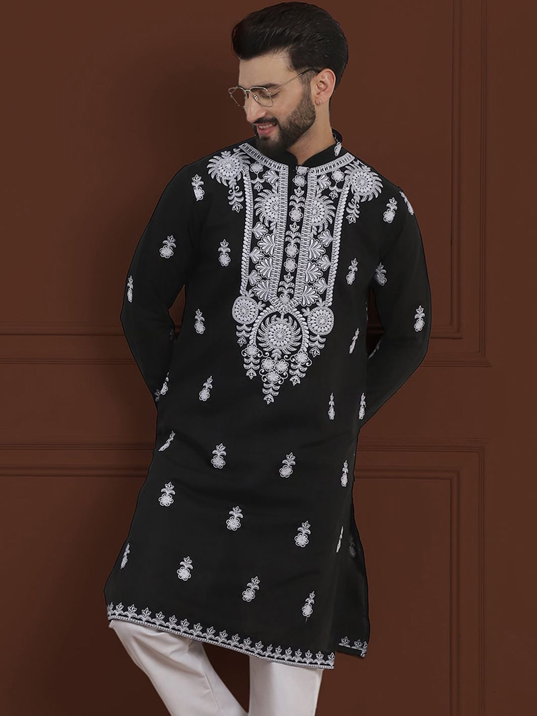 SOJANYA LUXE Ethnic Motifs Embroidered Thread Work Mandarin Collar Pure Cotton Kurta