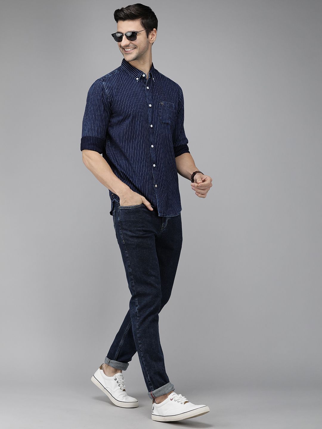THE BEAR HOUSE Men Navy Blue Pure Cotton Striped Slim Fit Casual Shirt