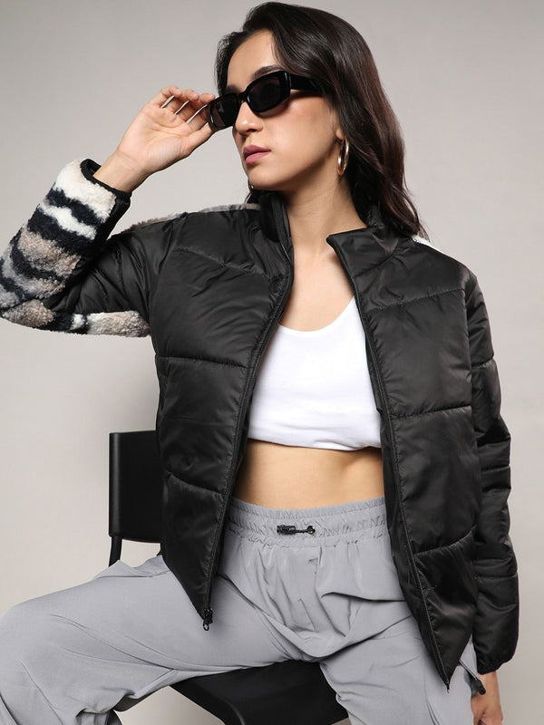 Campus Sutra Black Camouflage Printed Windcheater Padded Jacket