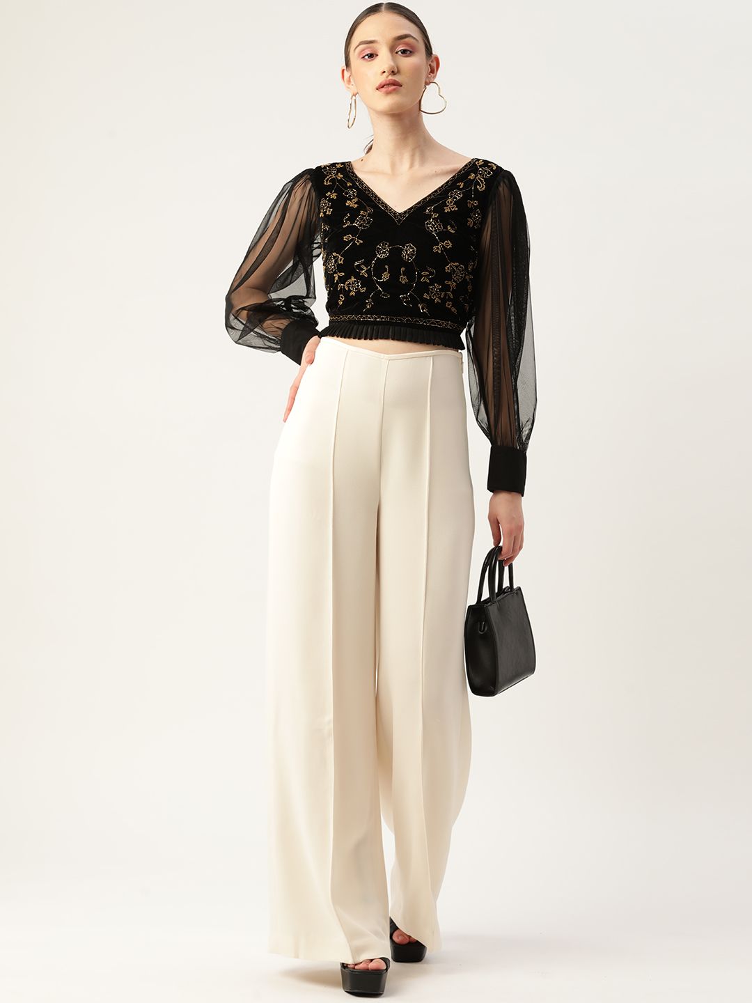 Antheaa Black Embellished Velvet Crop Top