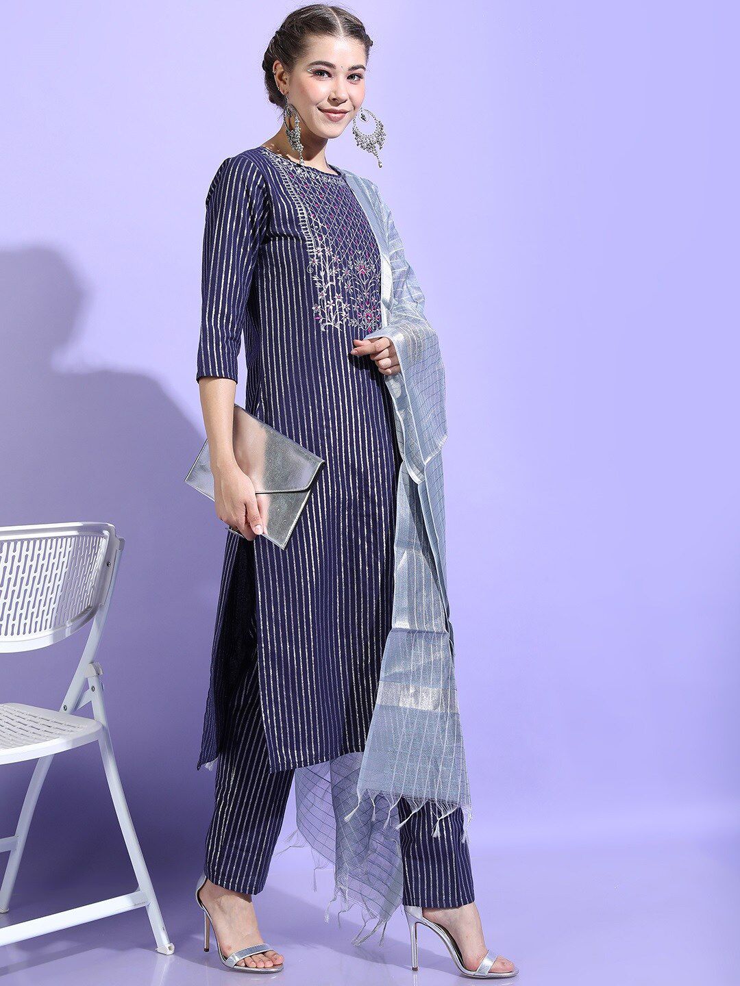Vishudh Women Blue Striped Pure Cotton Kurta with Trousers & With Dupatta