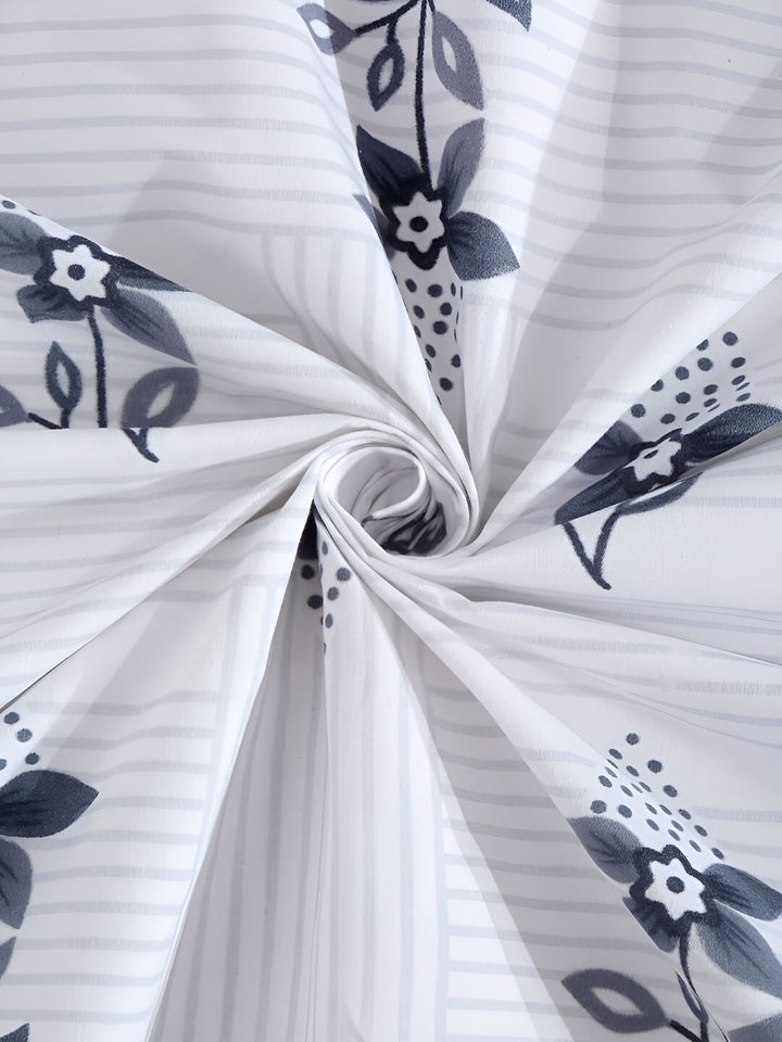 KLOTTHE White & Grey Floral Printed 300TC Fitted Single Bedsheet & 1 Pillow Cover
