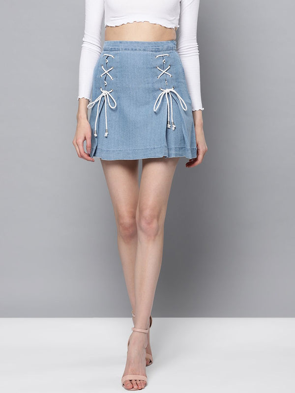 STREET 9 Blue Denim Pleated Mini A-Line Pure Cotton Skirt