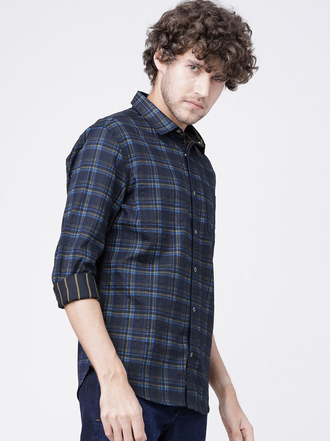 HIGHLANDER Men Navy Blue & Olive Green Slim Fit Striped Reversible Casual Shirt