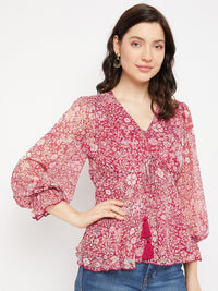 Antheaa Floral Printed Puff Sleeve Peplum Top