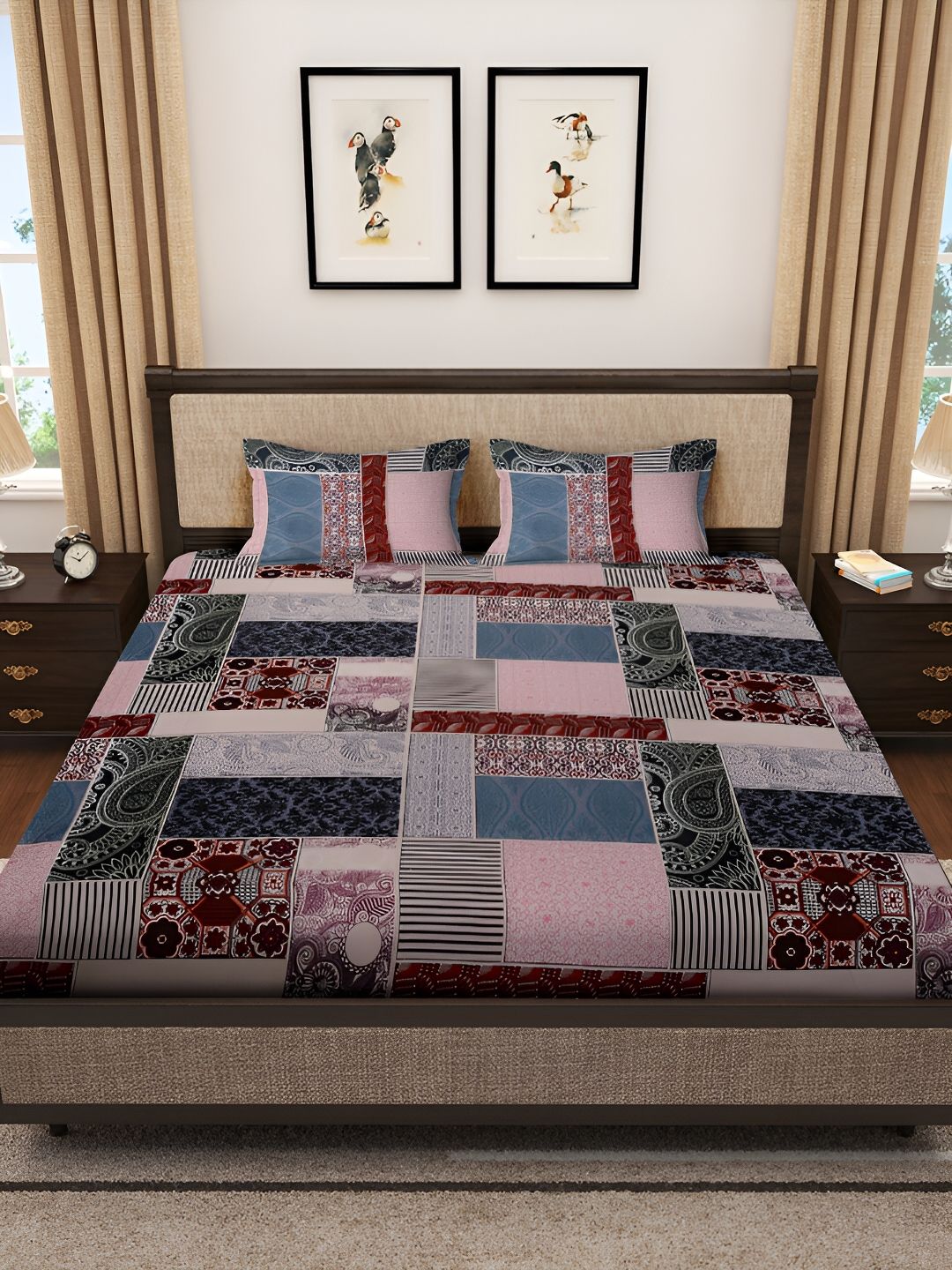 KLOTTHE Red & Pink Abstract Printed 300 TC Fitted Double King Bedsheet With 2 Pillow Cover