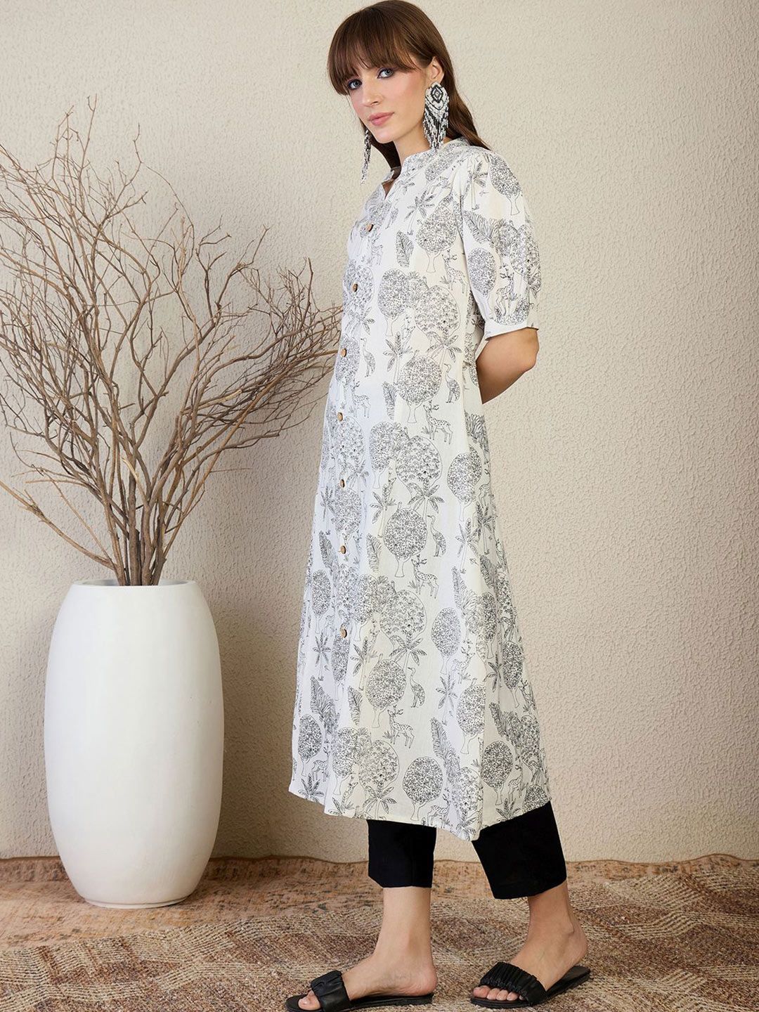 Indo Era Floral Printed Round Neck A-Line Kurta