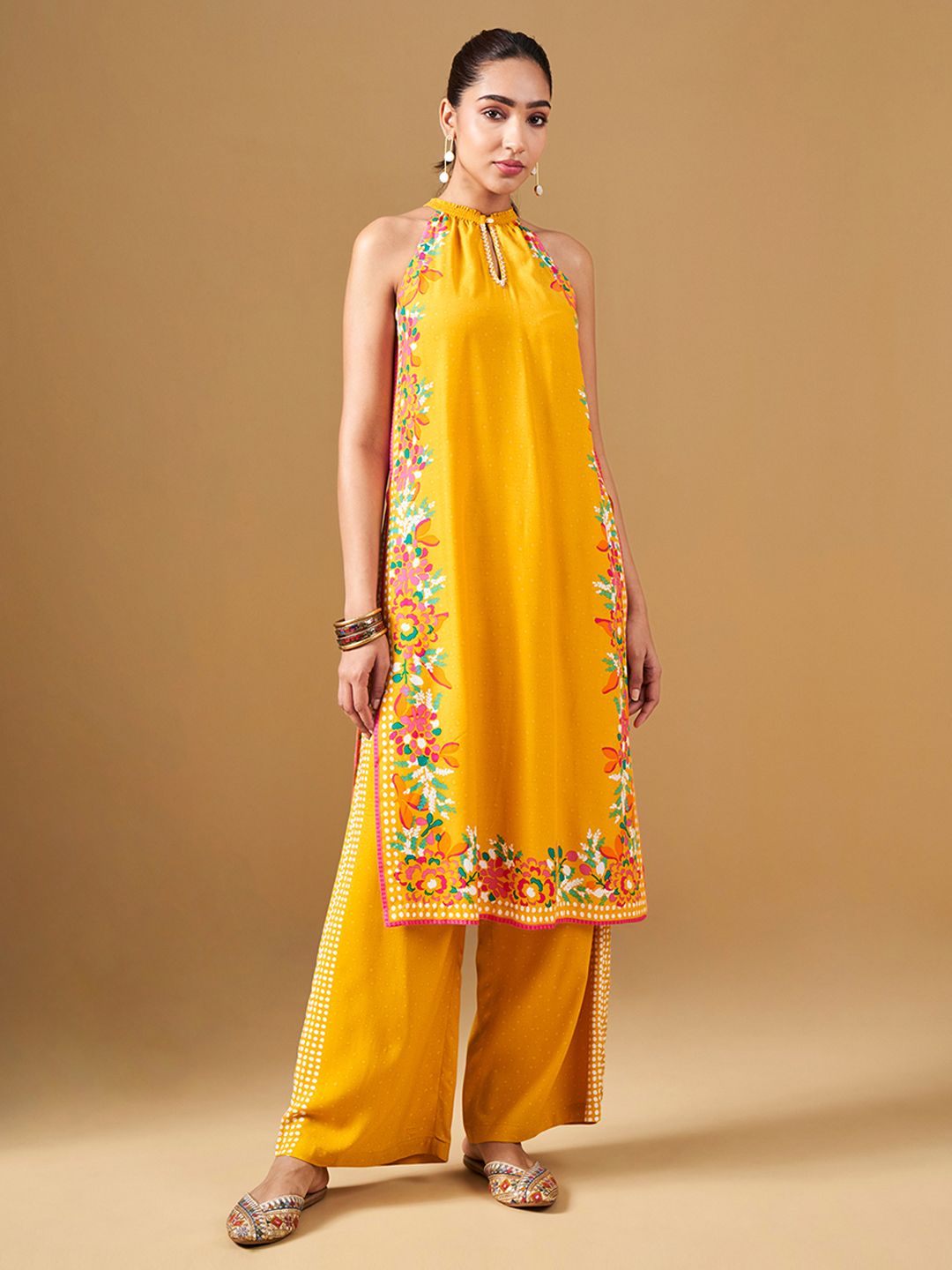 Global Desi Floral Printed Halter Neck Straight Kurta & Palazzo