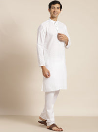 SOJANYA Men White Ethnic Motifs Chikankari Pure Cotton Kurta with Churidar & Nehru Jacket