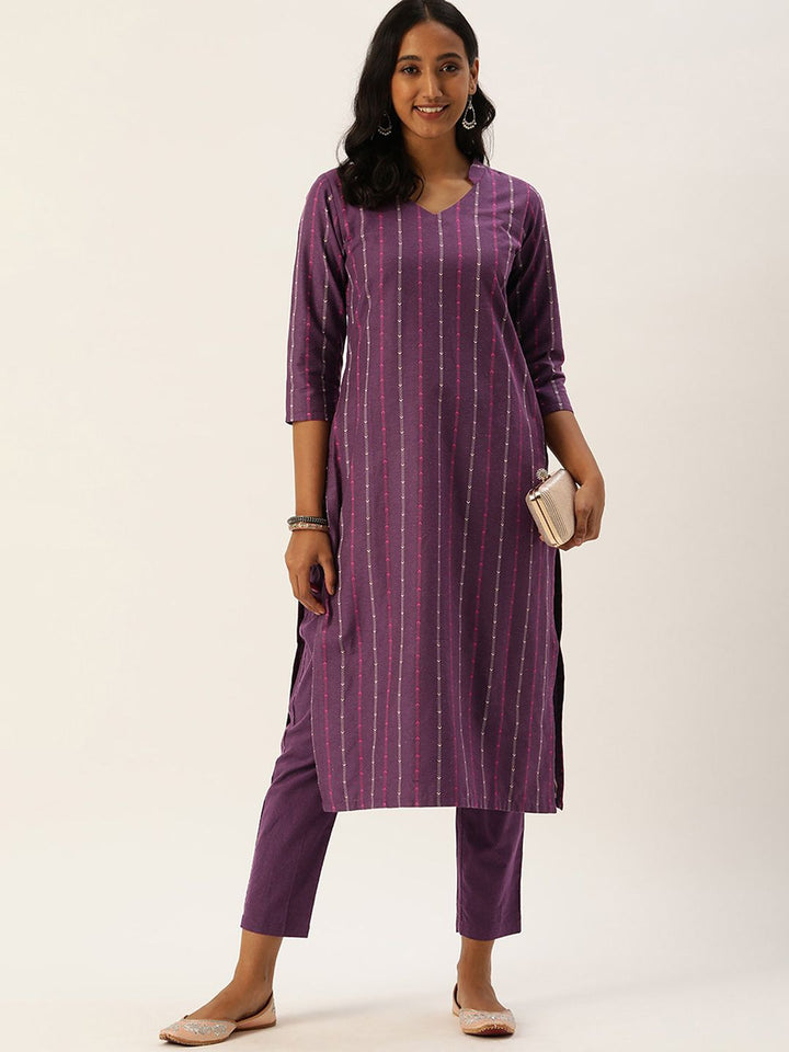 KALINI Women Striped Regular Thread Work Kurta with Trousers