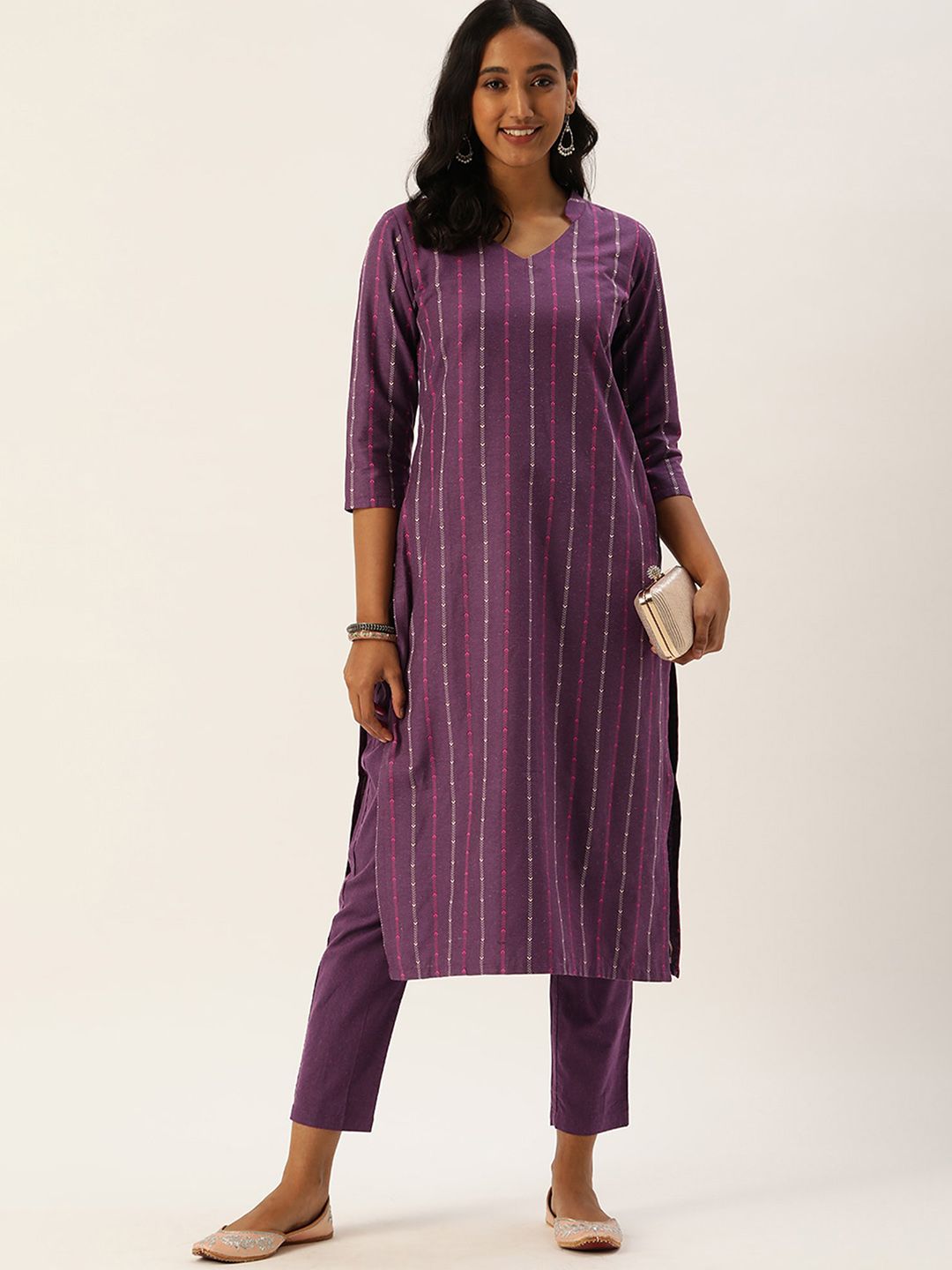 KALINI Women Striped Regular Thread Work Kurta with Trousers