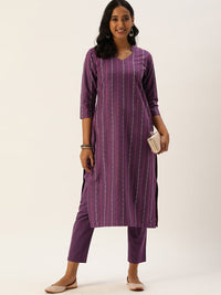 KALINI Women Striped Regular Thread Work Kurta with Trousers