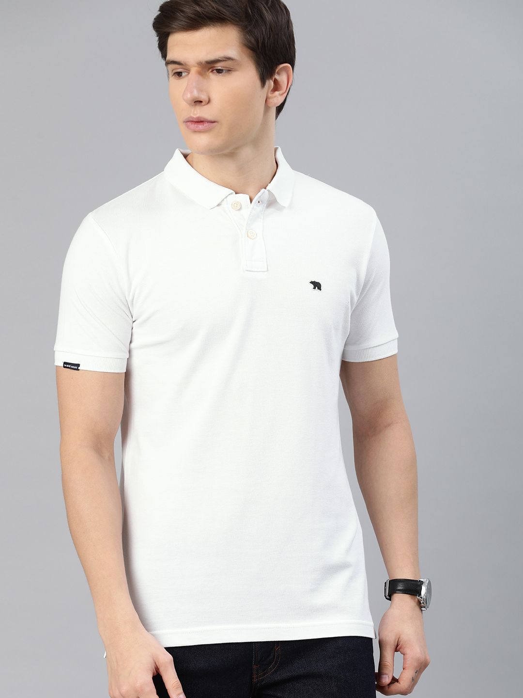 THE BEAR HOUSE Men White Solid Slim Fit Polo Collar Pure Cotton T-shirt