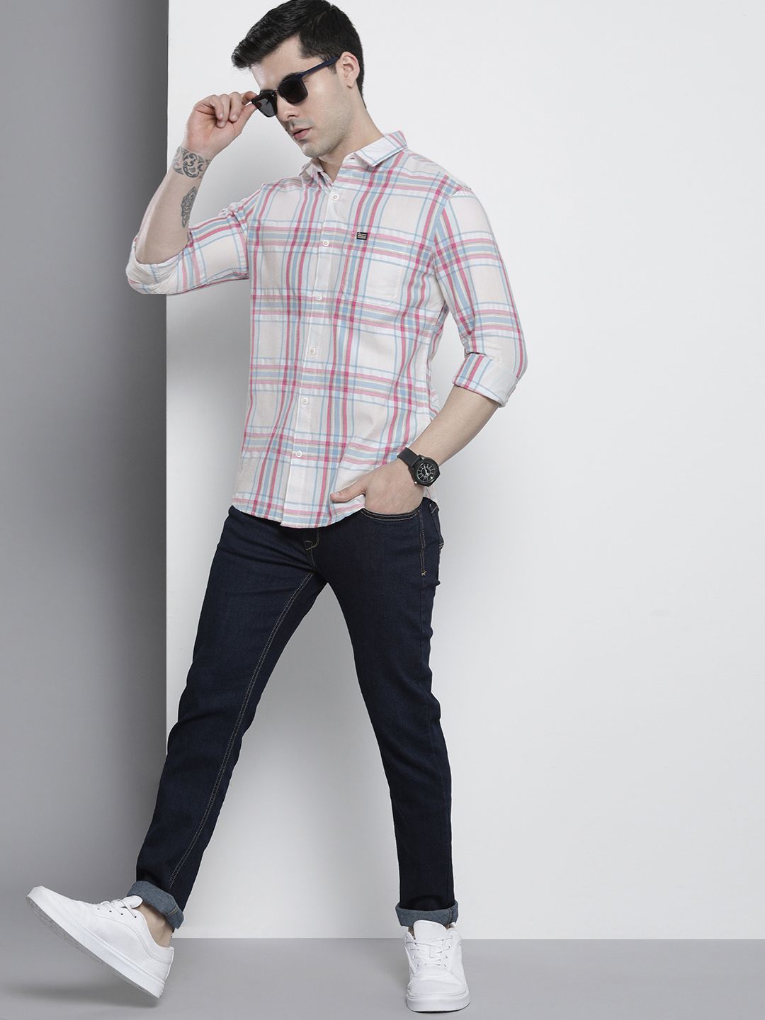 The Indian Garage Co Men Tartan Checked Cotton Casual Shirt