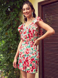 SASSAFRAS Red Floral Printed Sweetheart Neck Top With Skirt