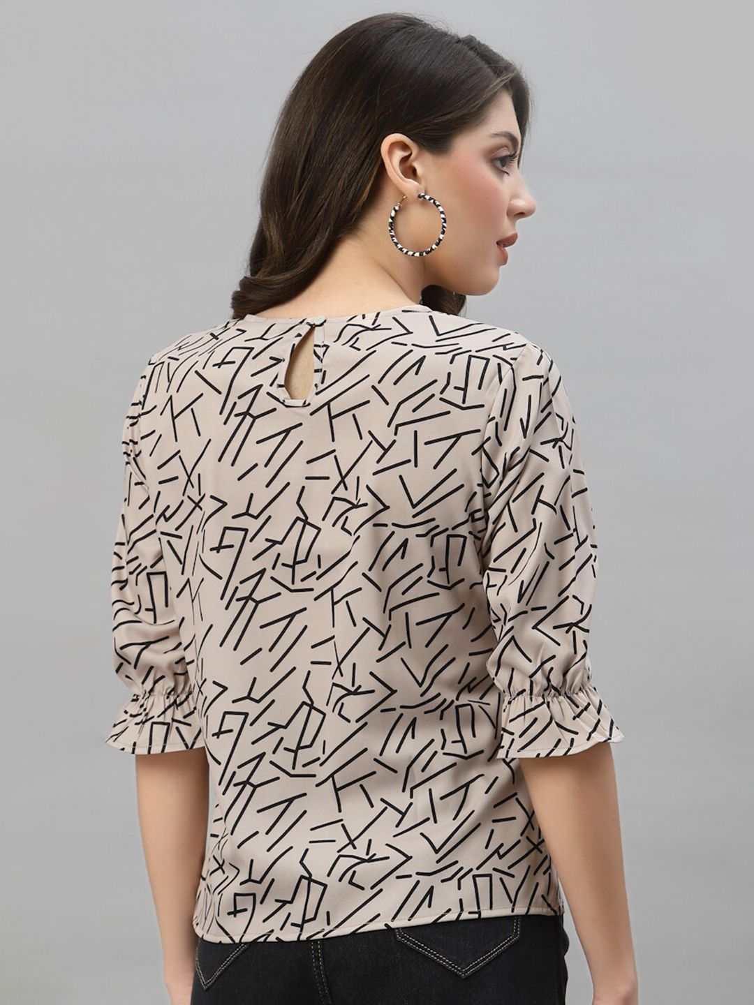 Style Quotient Nude-Coloured & Black Print Crepe Top