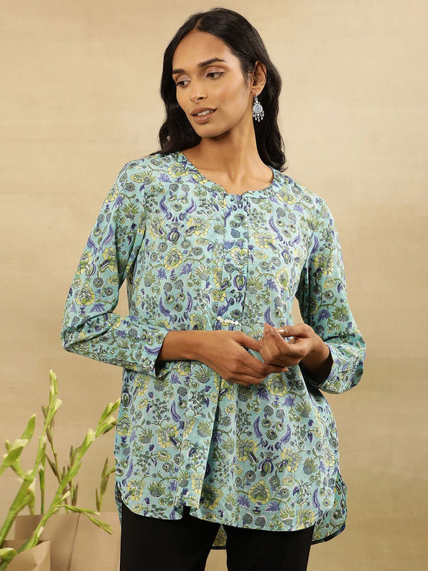 W Round Neck Floral Printed Cotton Top