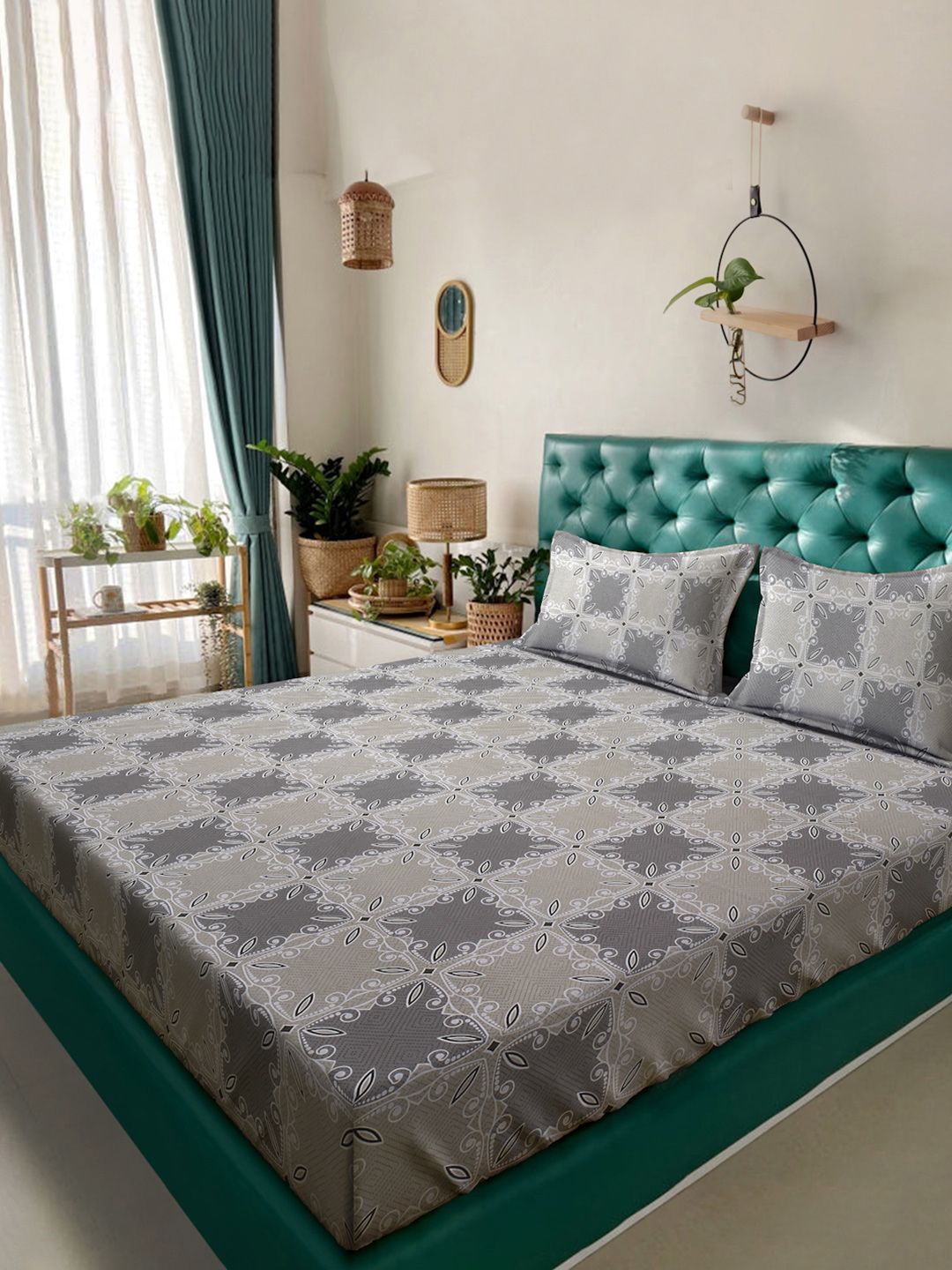 KLOTTHE Grey Floral Printed 400 TC Pure Cotton Fitted King Bedsheet & 2 Pillow Covers