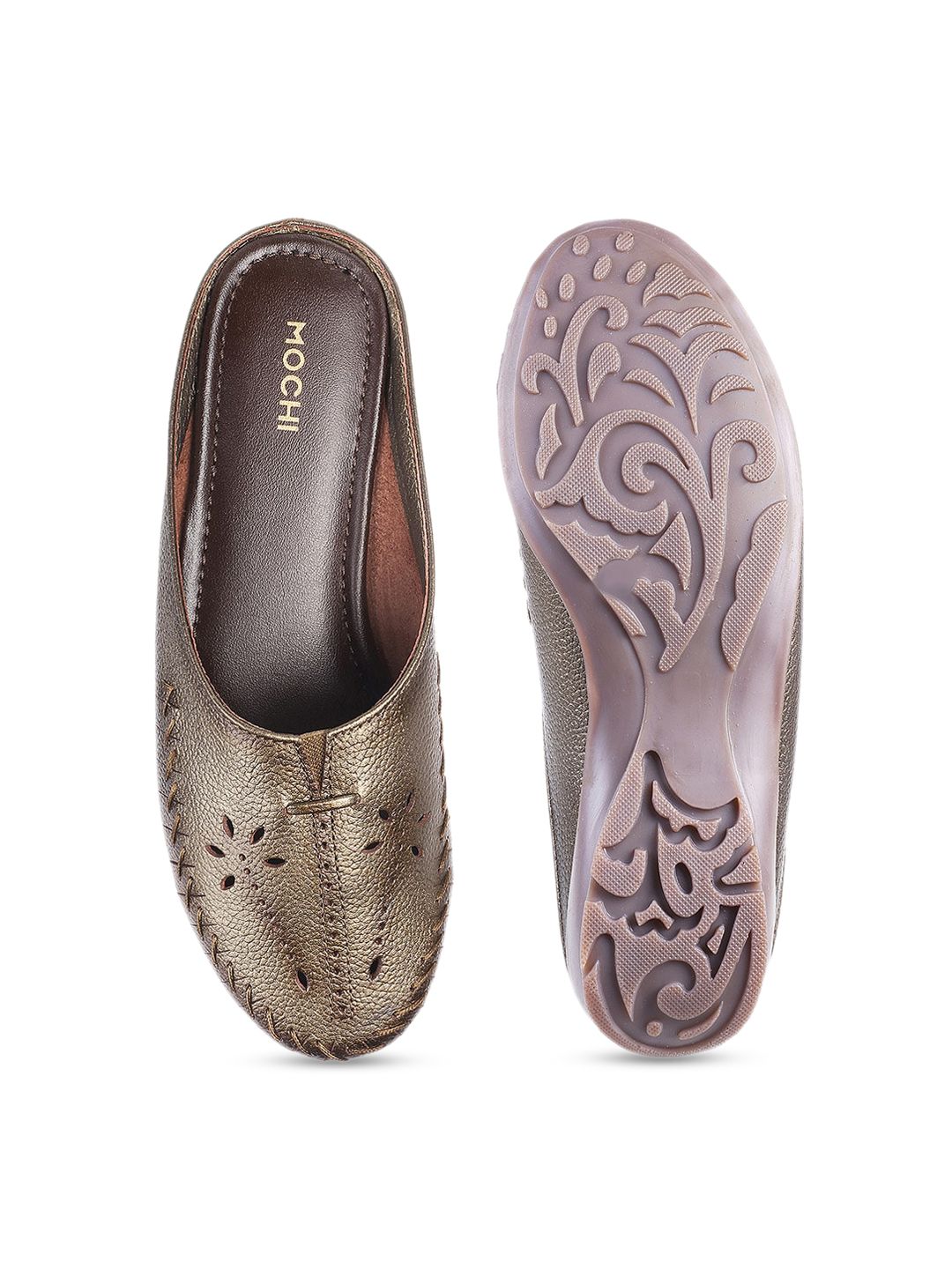 Mochi Women Bronze-Toned Mules with Laser Cuts