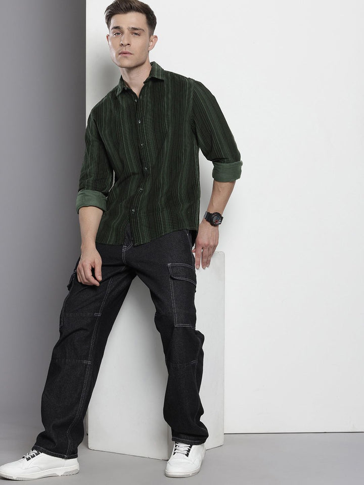 The Indian Garage Co Pure Cotton Vertical Striped Corduroy Casual Shirt