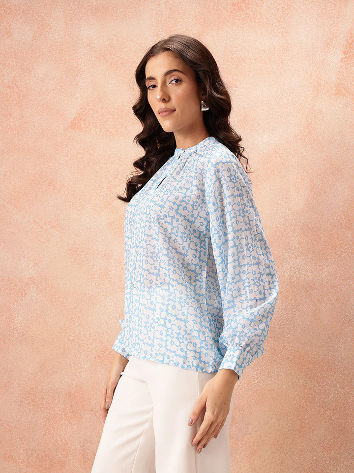 all about you Floral Print Mandarin Collar Puff Sleeve Top