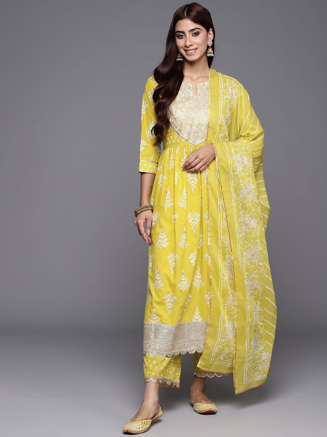 Libas Women Floral Yoke Design High Slit Pure Cotton Kurta with Palazzos & With Dupatta