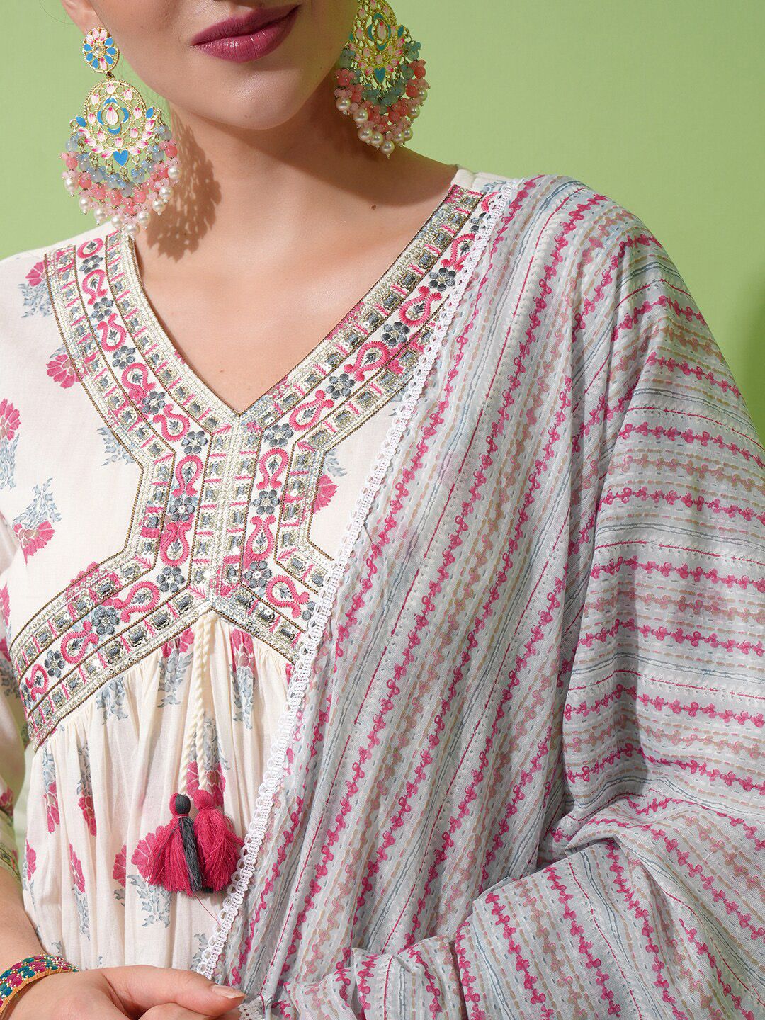 Vishudh White Printed Thread Work Pure Cotton A-Line Kurta with Trousers & With Dupatta