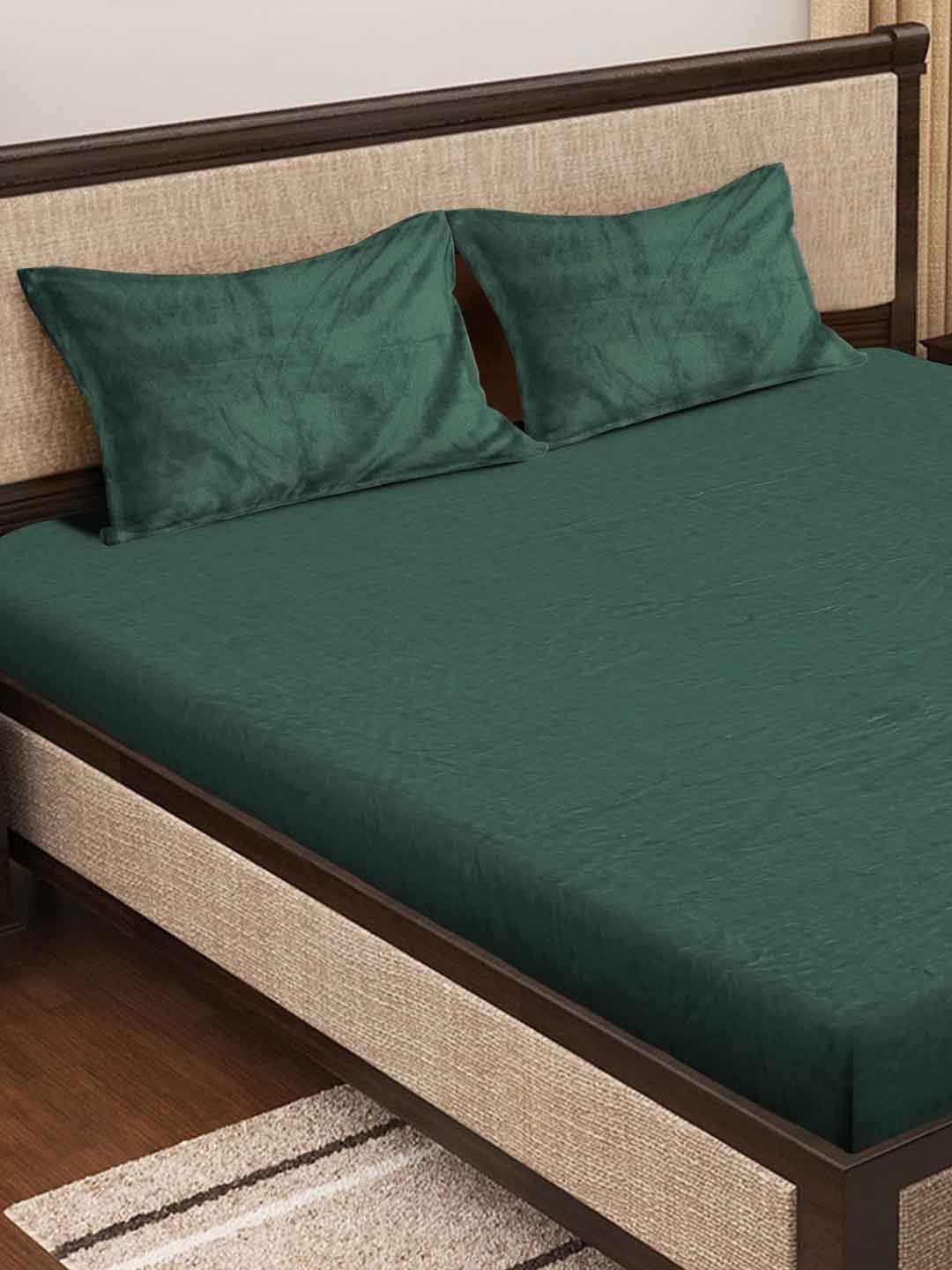 KLOTTHE Green 300 TC Wool Double Bed Bedsheet With 2 Pillow Covers