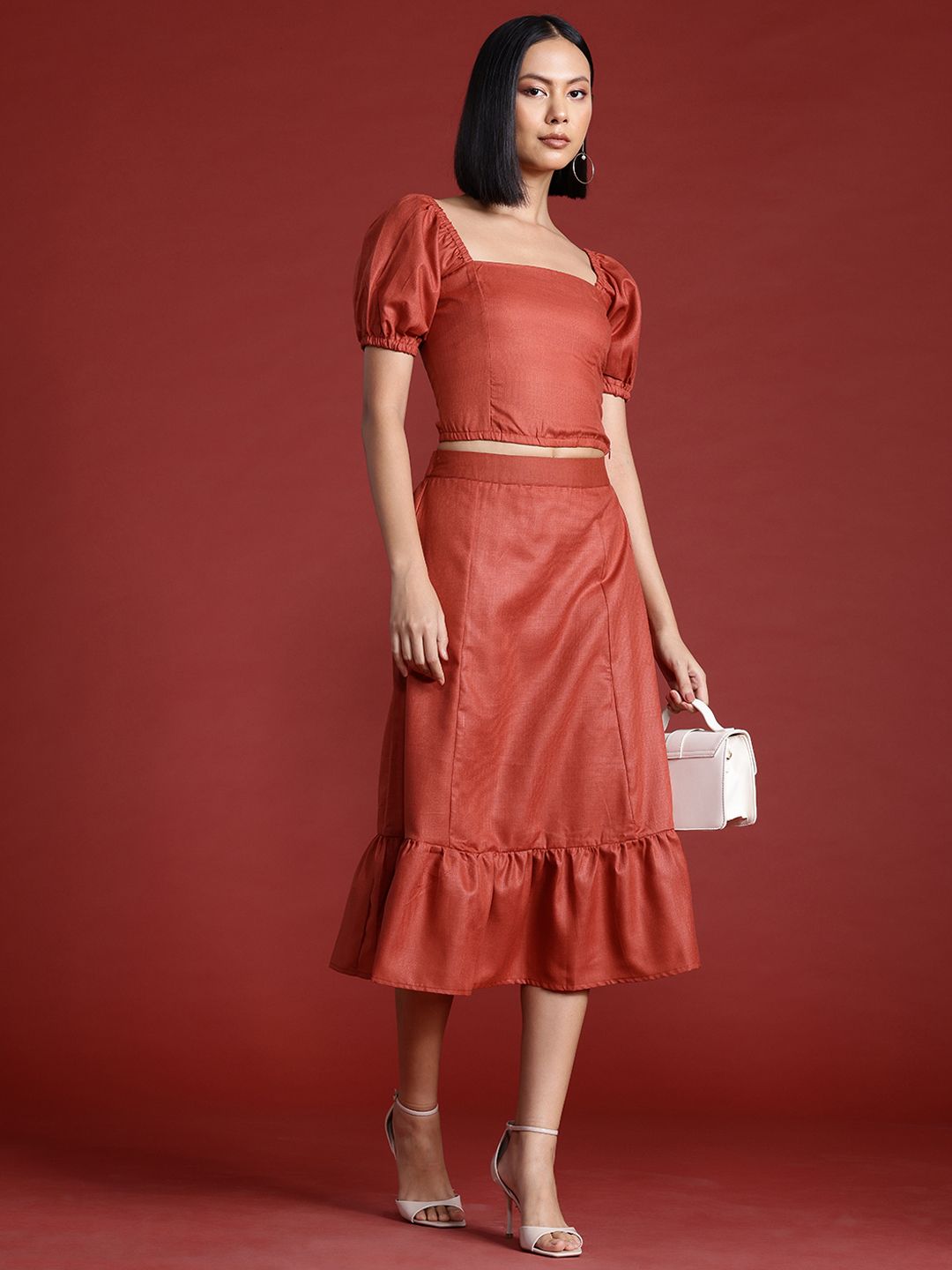 all about you Smocked Top with Flounce Midi Skirt Co-Ord Set