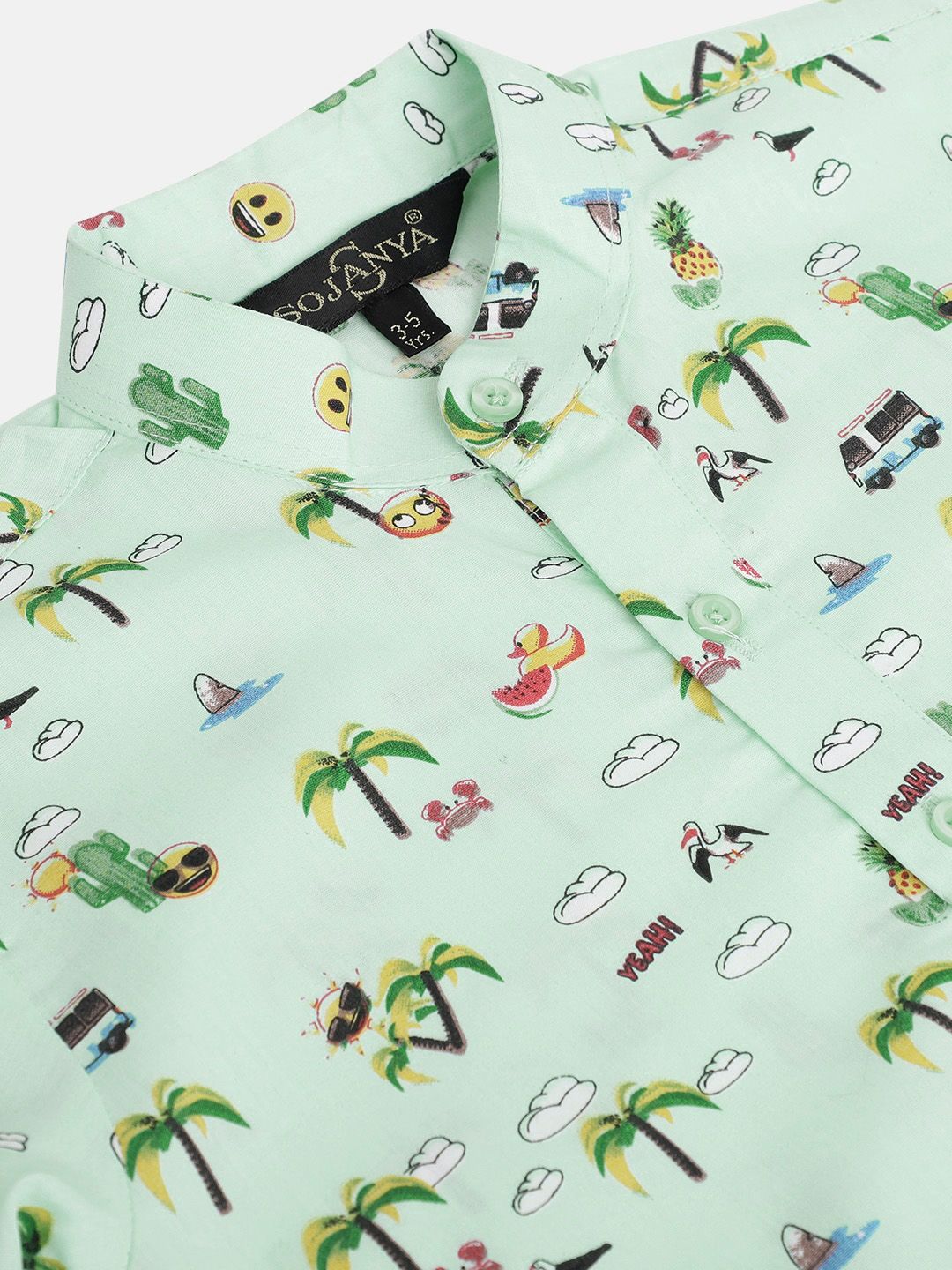 SOJANYA Boys Mint Green & Yellow Tropical Print Kurta Cotton Lurus
