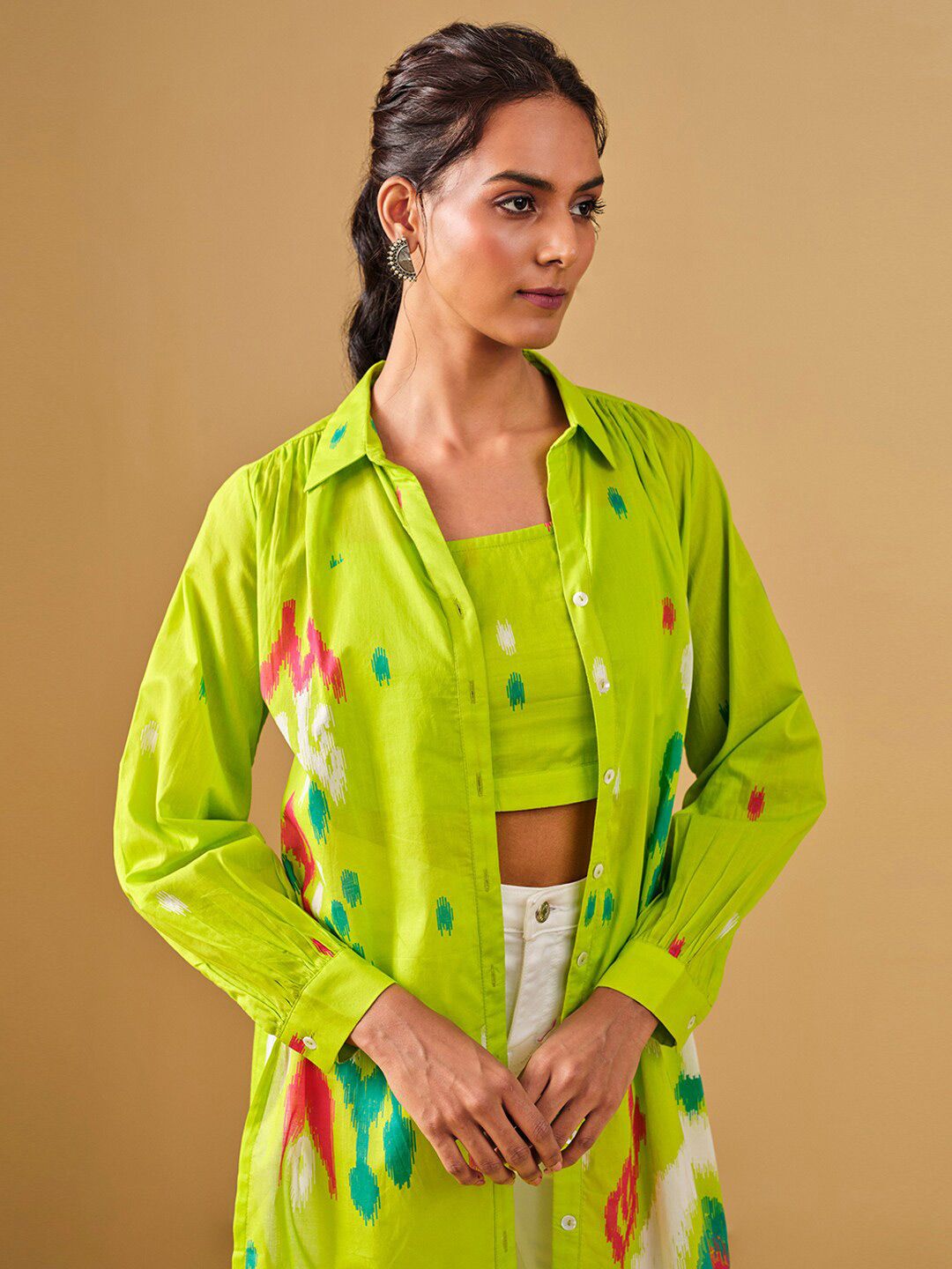 Global Desi Abstract Printed Pure Cotton Crop Top With Jacket