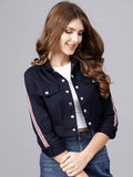 STREET 9 Women Navy Blue Solid Crop Jacket