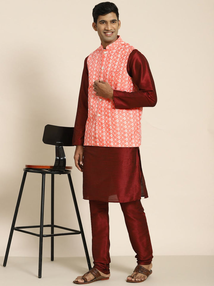SOJANYA Men Woven Design Kurta with Churidar with Nehru Jacket