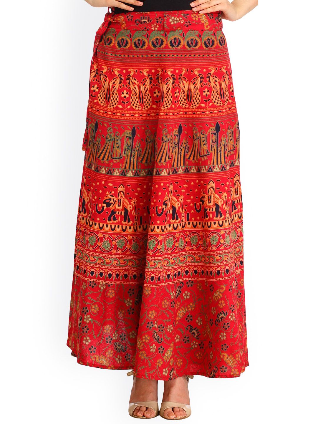 Exotic India Tomato Puree Wrap-around Long Skirt with Printed Wedding Scenes