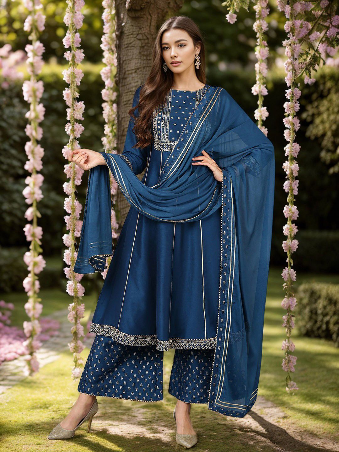 KALINI Floral Embroidered Sequinned Anarkali Kurta with Palazzos & Dupatta