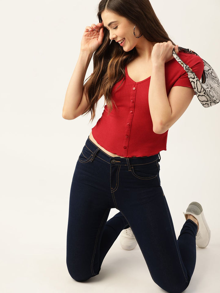 DressBerry Women Red Striped V-Neck Ribbed T-shirt