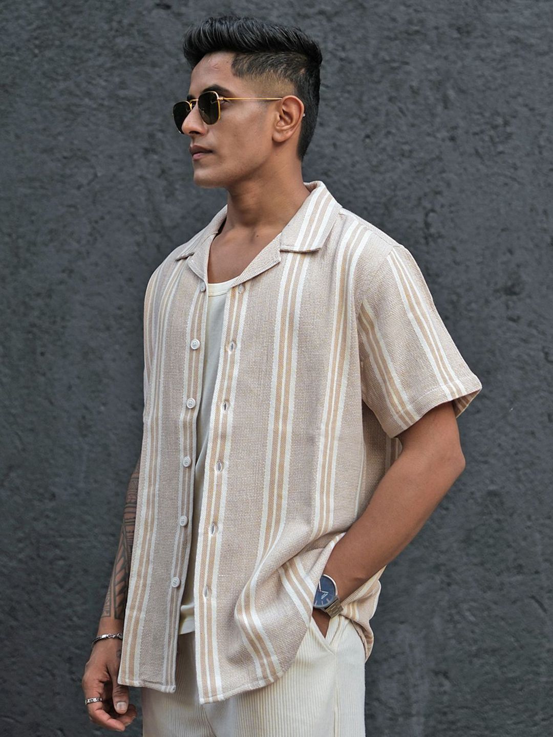 Powerlook Men Striped Cuban Collar Casual Shirt
